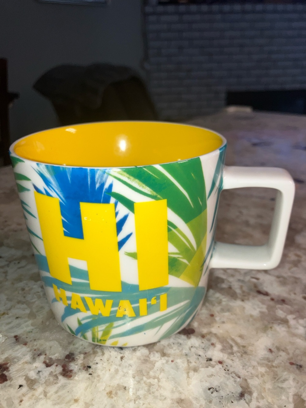 Starbucks HI HAWAII Yellow Interior Blue and Green Tropical Leaf Mug